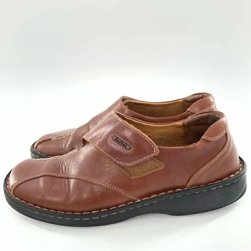 Josef Seibel womens flats 39 8-8.5 brown leather sticky strap walking comfort